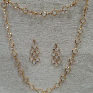 Ladies Gold Necklace with Beveled Glass Stones and Matching Pierced Earings